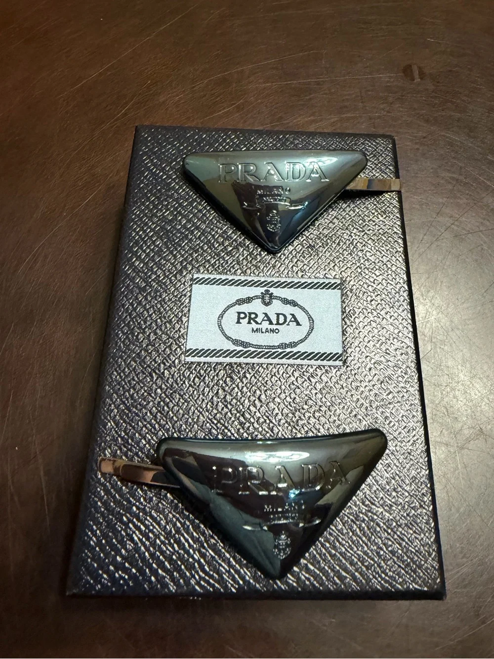 New Authentic Prada Triangle Logo Hair Clip Accessories 2 Pieces Metallic Blue